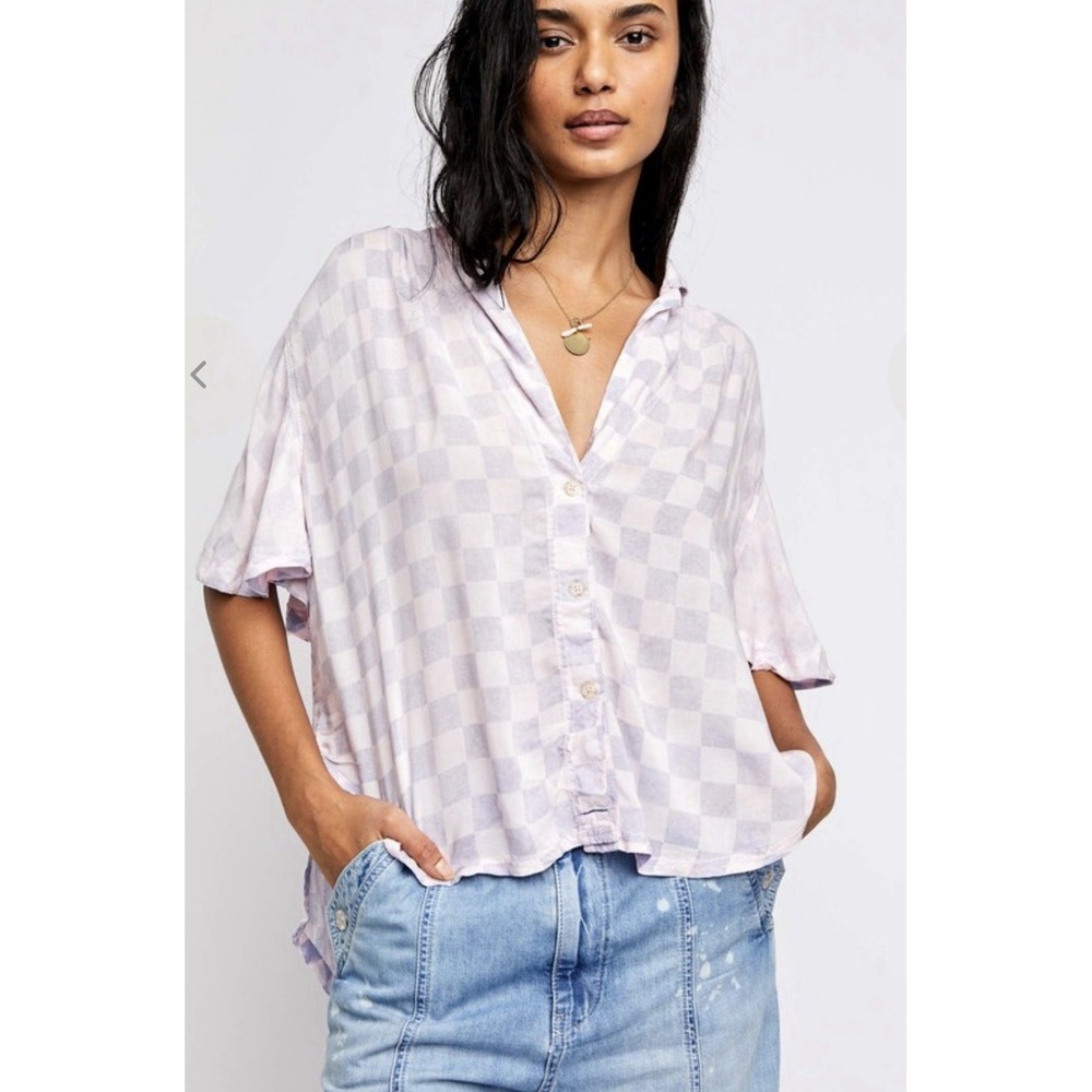 We The Free Button Down Women Small Purple Excellent Checkerboard Short Sleeve